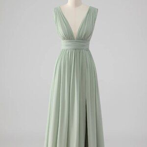 Pleated Chiffon V Neck Long Sage Green Bridesmaid Dress with Slit